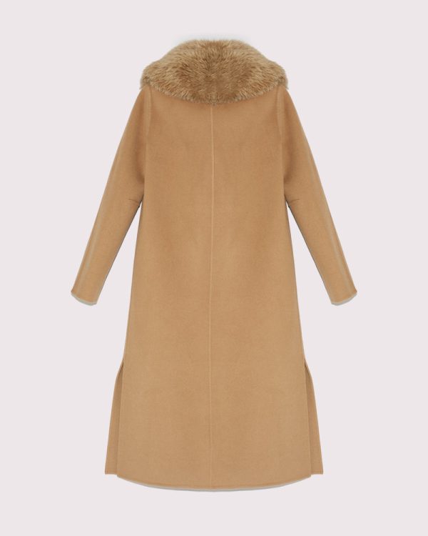 Manteau long Lainage cachemire et col fourrure de renard - camel Discount