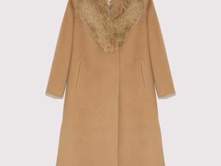 Manteau long Lainage cachemire et col fourrure de renard - camel Discount