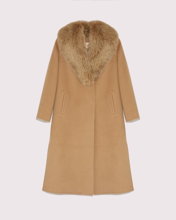 Manteau long Lainage cachemire et col fourrure de renard - camel Discount